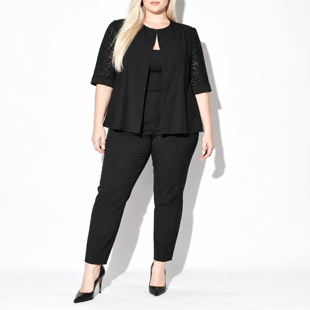 Lafayette 148 New York Womens XL Black Lace Sleeve Collarless Short Jacket